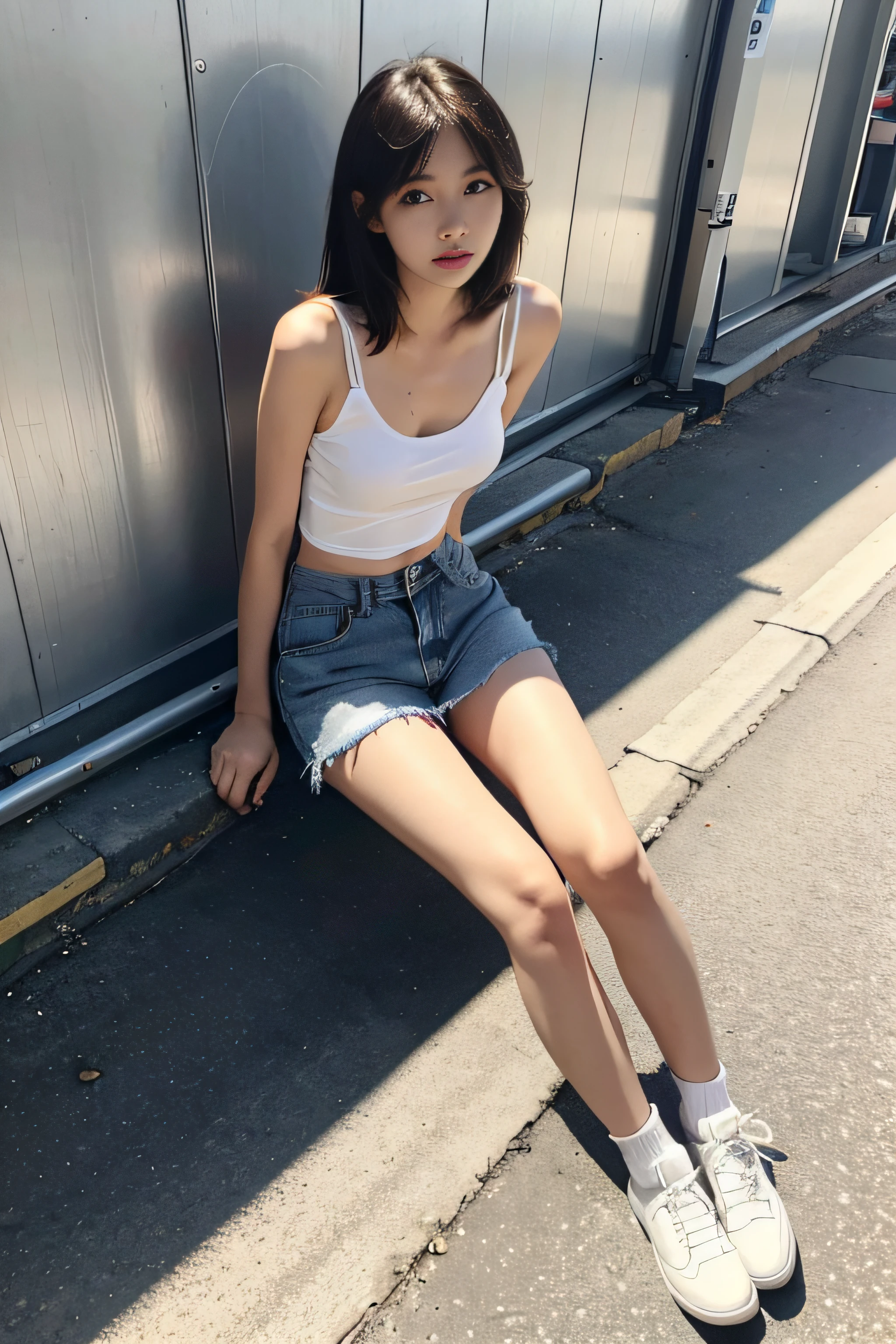 Girl posing for photo in white bra and tight denim skirt, full bodyesbian, legs are open, Paired with a tailored T-shirt, the good, slim, Smaller bust, Slim girl model, 24 years old female model, Lying on the construction site,