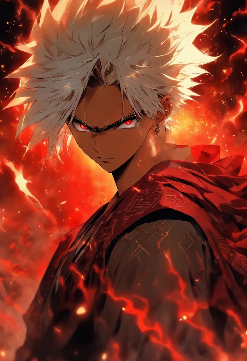 Beautiful boy with white hair and red eyes，quadratic element，japanese manga，bronze skin，Handsome and handsome