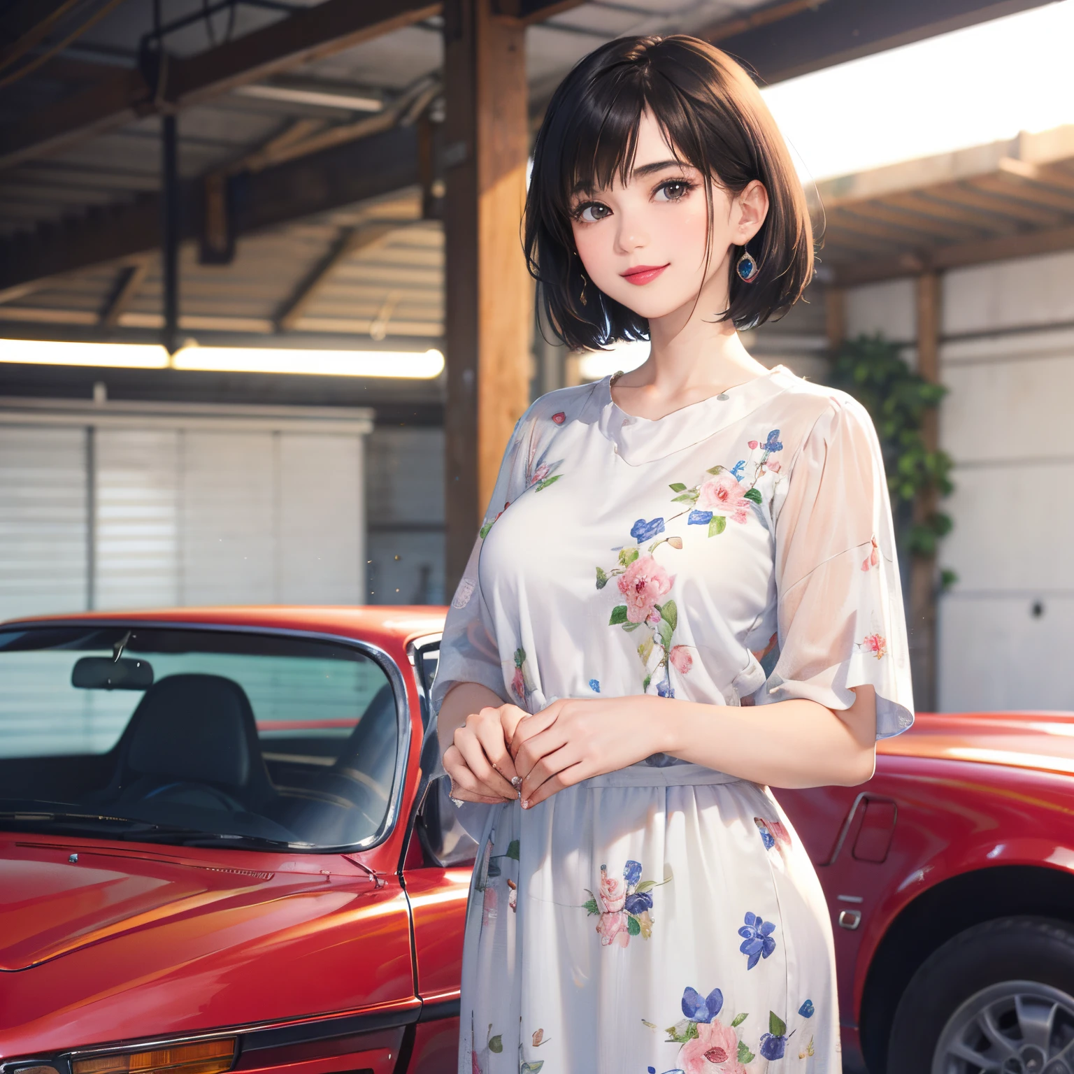 127
(a 20 yo woman,is standing), (A hyper-realistic), (high-level image quality), ((beautiful hairstyle 46)), ((short-hair:1.46)), (Gentle smile), (breasted:1.1), (lipsticks), (florals), (Large garage), (Depth of field is deep), (classic car)