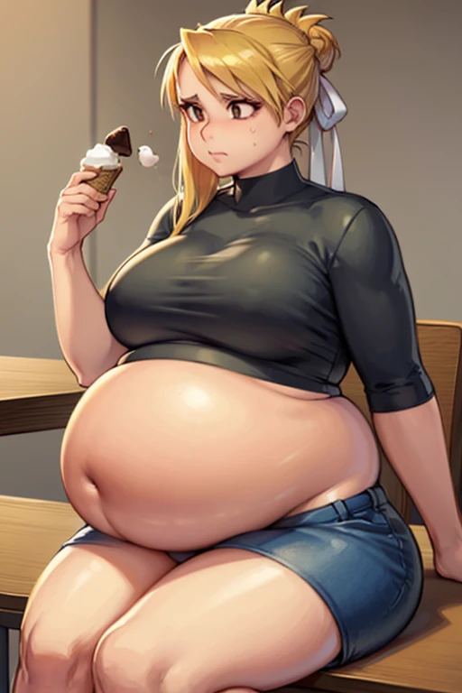 fat, pregnant, big belly, overweight, Riza Hawkeye, hair in bun, fat, big belly, clothed, sitting down, table full of food, cookies, table with cookies, very fat, holding ice cream