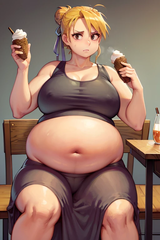 fat, pregnant, big belly, overweight, Riza Hawkeye, hair in bun, fat, big belly, clothed, sitting down, table full of food, cookies, table with cookies, very fat, holding ice cream