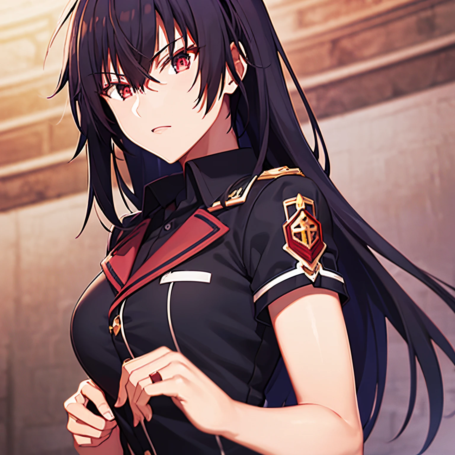 High resolution, high quality, maste piece, upper body, long hair, black hair, beautiful red and black eyes, Anos solo, one beautiful woman, uniform,