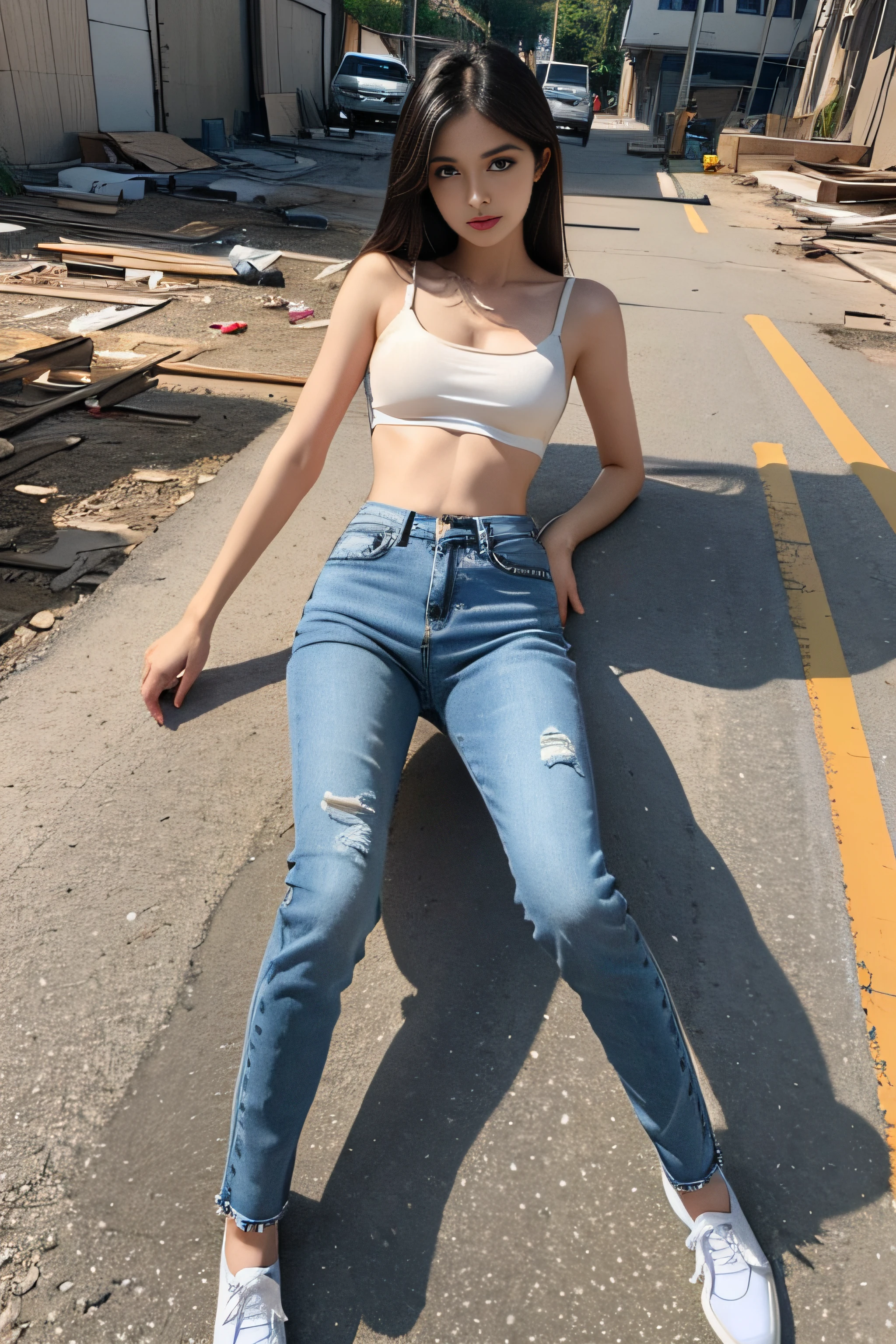 Girl posing for photo in white bra and tight denim skirt, full bodyesbian, legs are open, Paired with a tailored T-shirt, the good, slim, Smaller bust, Slim girl model, 24 years old female model, Lying on the construction site,