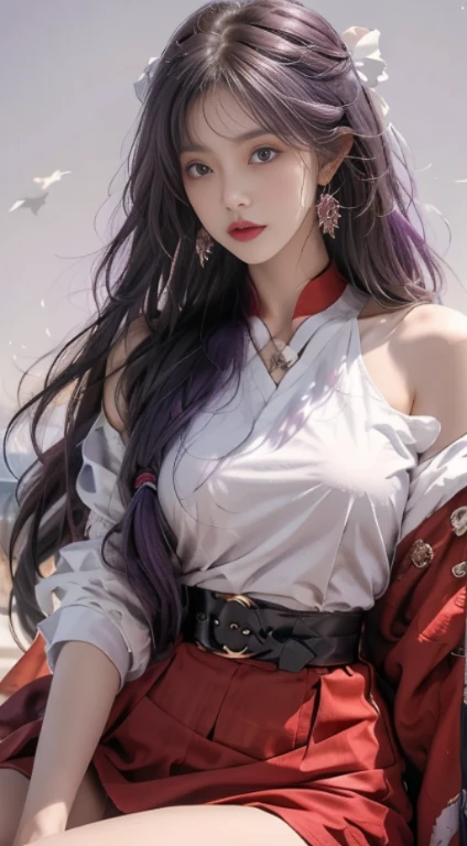 Blind box mode，1girl, flat bangs, pigtails, Wide sleeves, hair adornments, komono, Red belt, (Purple colored hair:1.2), Very long hair, hair straight, looking at viewert, with a pure white background, (真实感:1.2), Detailed eyes, Red Eyeshadow,，（tmasterpiece，top-quality，best qualityer，offcial art，Beauty and aesthetics：1.2），（1girll），extremy detailed，（s fractal art：1.5），highest details，[Blue feathers|Purple feathers]the hair，Very long hair，（littered），（floated hair：1.5），Hair background，exposed bare shoulders，（鎖骨：0.9），，ssmile，