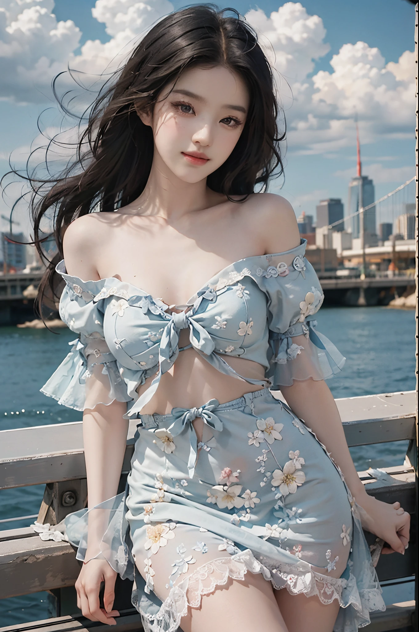dress,fashi-girl, liuyifei, ((cowboy shot)), (best quality, masterpiece:1.2), ultra-detailed, (realistic:1.37), beautiful, youthful, glamorous model with (detailed eyes, detailed lips, extremely detailed eyes), in a knee shot, with white and floral colors, showcasing a radiant smile, slender figure, long legs, creating a breathtaking depiction of a girl enjoying the sunshine, On the bow, leaning against the guardrail, looking into the distance