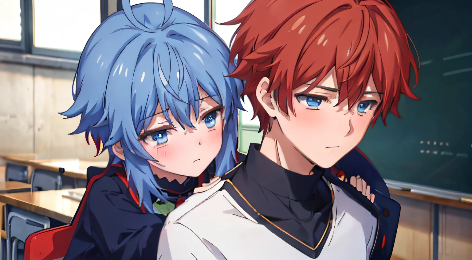 (super high resolution), 1girl, 1boy, blue hair, blue eyes, school uniform, intensive blushes, flat chest, classroom, hugging, kissing a boy with **red hair** and black sweater, (red hair* for boy