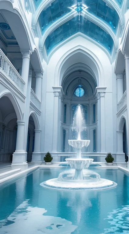 Light blue-white tones,Gorgeous interior space,Blend in with the beautiful white building,All white interior fantasy scene,((Super spectacular fountain)),(Super rich fountain),Fountains at different levels,Transformation crystal,Ice crystals,Super quality,tmasterpiece,Super refined,A lot of detail,Splashing water droplets,feeling of mist,water vapor eruption