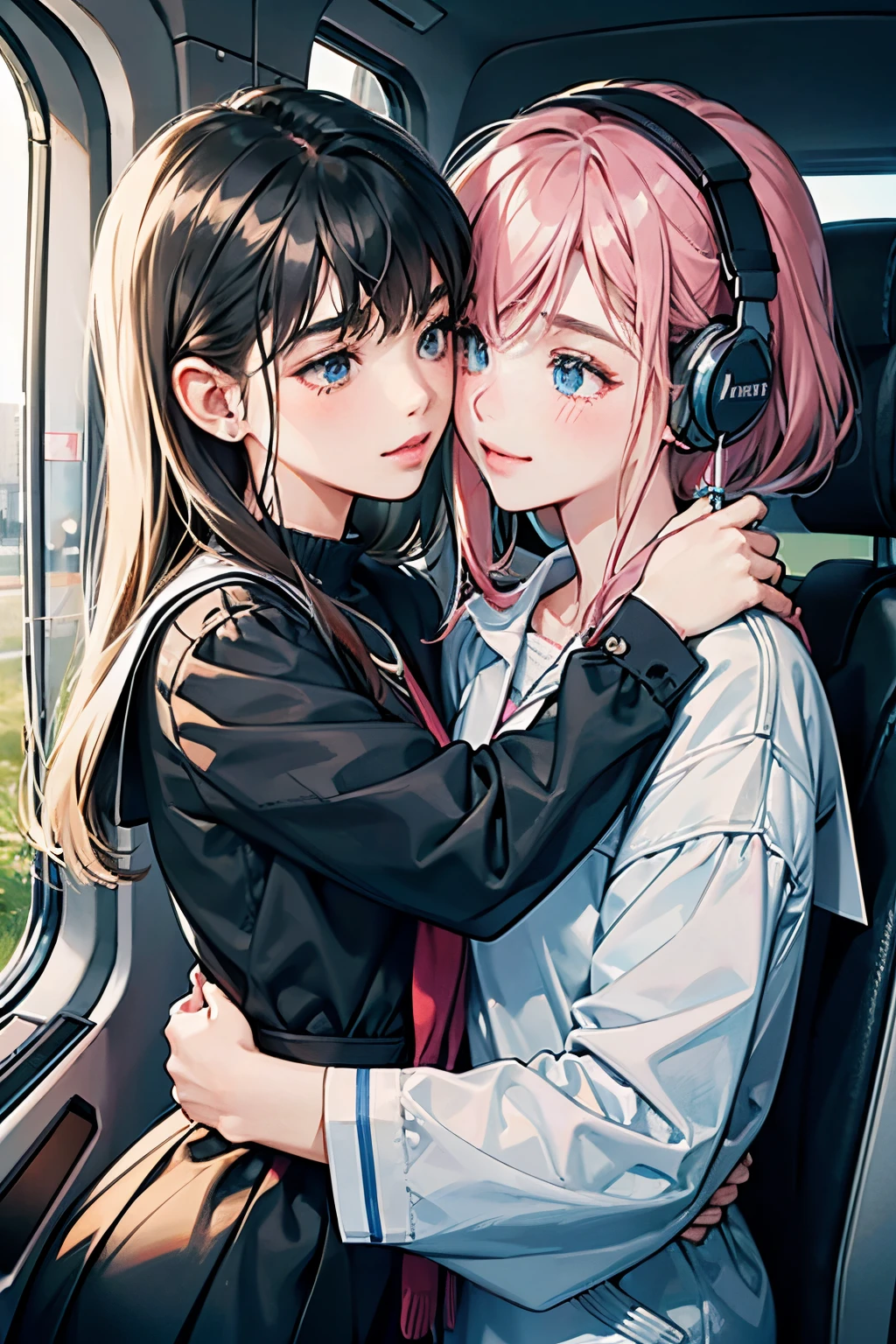 2Two girls are listening to music on smartphones using headphones,hug each other at the same time,like hugging each other.,their'All lovely,close lover,anatomically correcte,precise fingers,student clothes,電車の中で,k-made,Best quality at best,