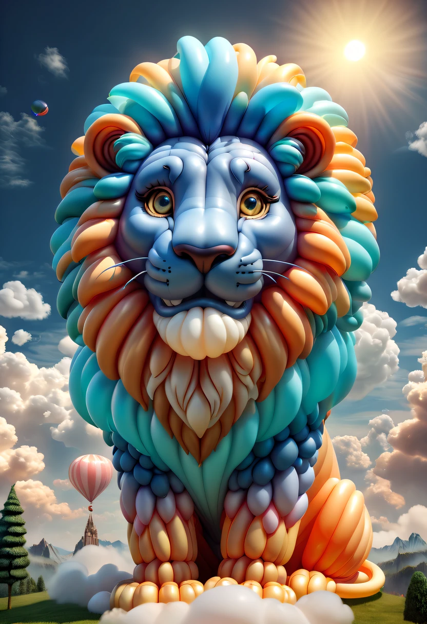 Cute lion shaped balloon,In the clouds,beautiful sky,Surreal,Epic dreams,a fairy world,lamplight,high high quality,a 3D render,ultra - detailed,realistically,Vibrant colors,