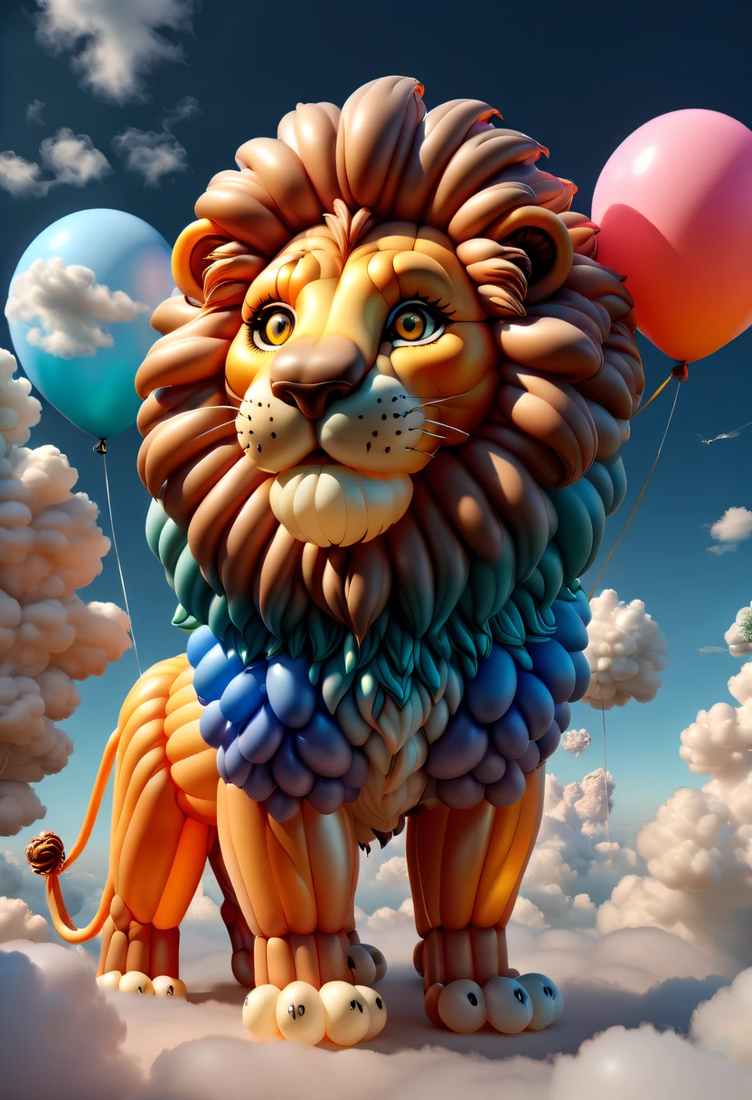 Cute lion shaped balloon,In the clouds,beautiful sky,Surreal,Epic dreams,a fairy world,lamplight,high high quality,a 3D render,ultra - detailed,realistically,Vibrant colors,