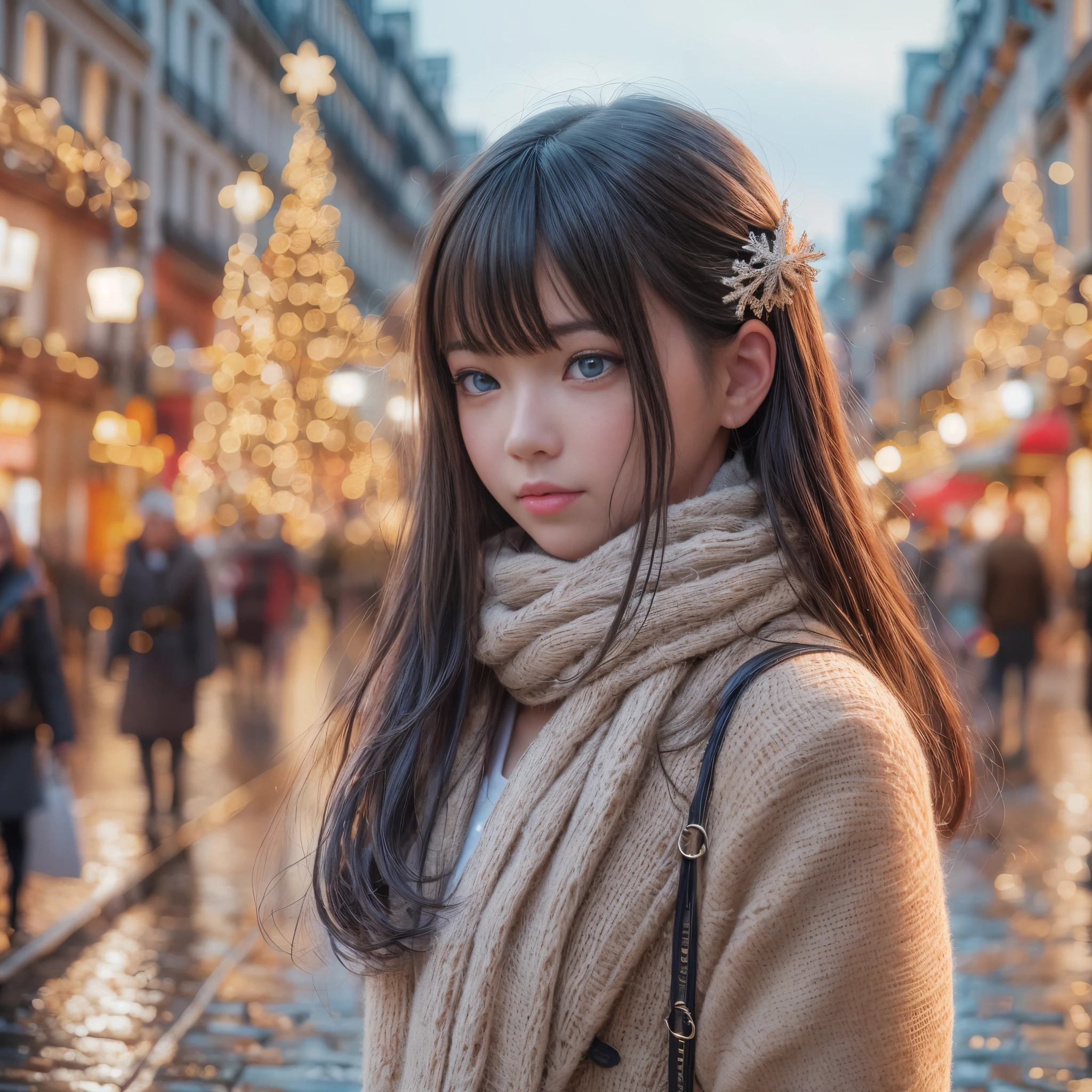(Raw photo:1.2), (Photorealistic), Beautiful detailed girl, Very detailed eyes and face, Beautiful detailed eyes, Huge file size, High resolution, Very detailed, Best Quality, [masutepiece:1.6], Illustration, Very detailed, Fine detail, Best Quality, 8K Wallpaper, Movie Lighting,15 year old Japanese female student, Paris christmas skyline, Christmas Lights, Fantastic illumination, walking alone, walk in a bra, White bra, a miniskirt, bright expression, face forwards, Slim body, Young Face, Smaller chest, Immature body