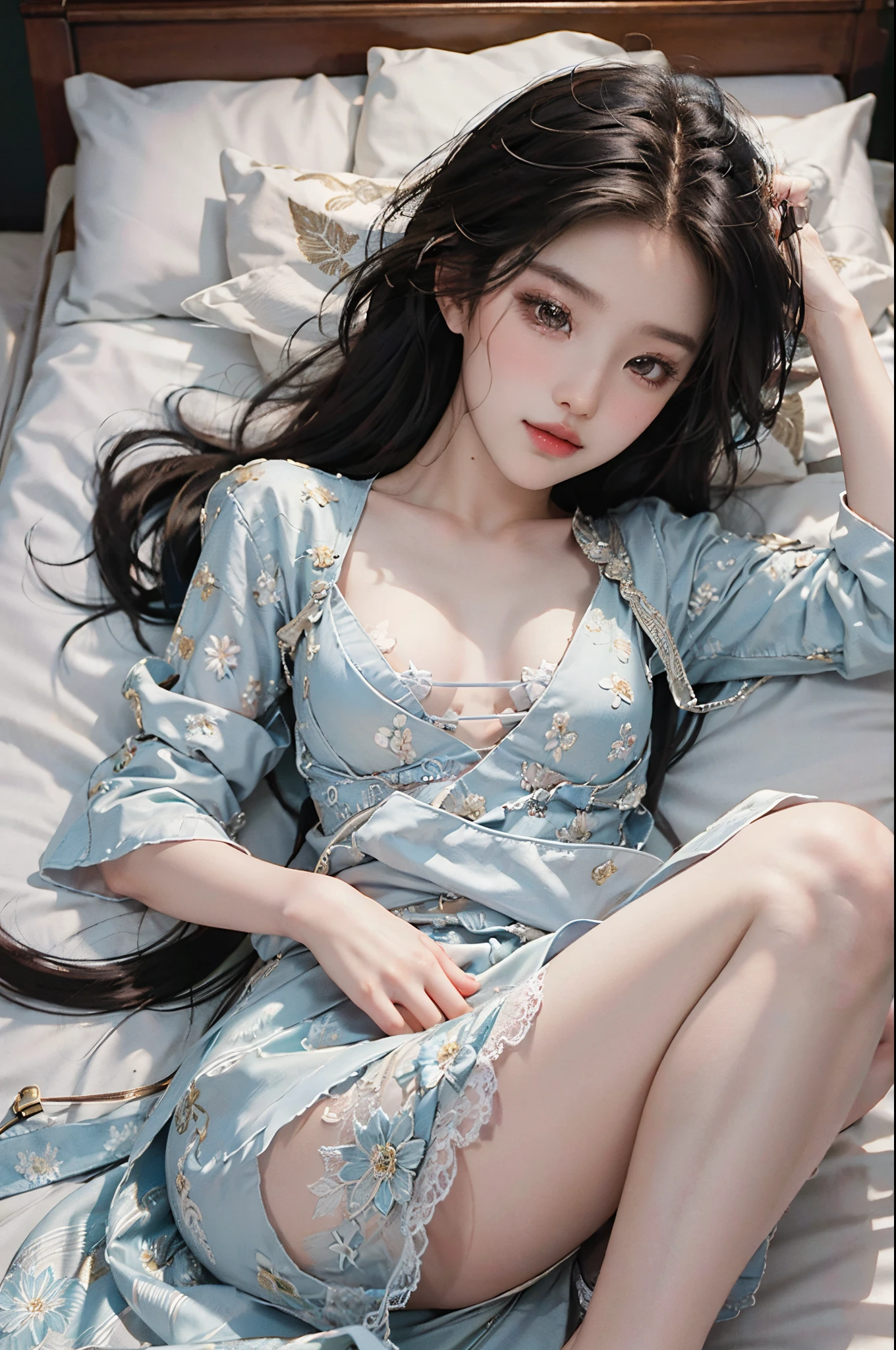 dress,fashi-girl, liuyifei, ((cowboy shot)), (best quality, masterpiece:1.2), ultra-detailed, (realistic:1.37), beautiful, youthful, glamorous model with (detailed eyes, detailed lips, extremely detailed eyes), Lie in bed, in a knee shot, with white and floral colors, showcasing a radiant smile, slender figure, long legs, creating a breathtaking depiction of a girl enjoying the sleep