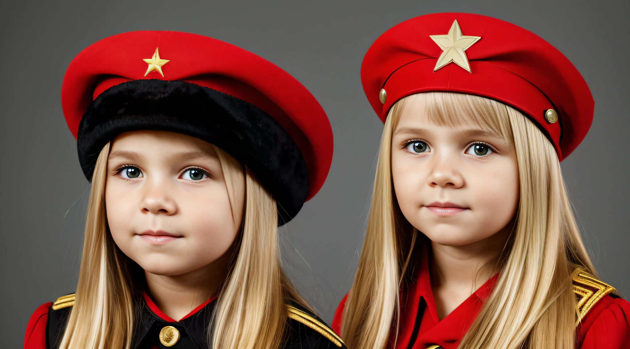 a close-up of a blonde  with long hair and a black hat with a star, URSS, boina preta com uma estrela vermelha, Russo, Russia, kalap, eslavo, boina preta, 1972 soviético, CCCP, plush