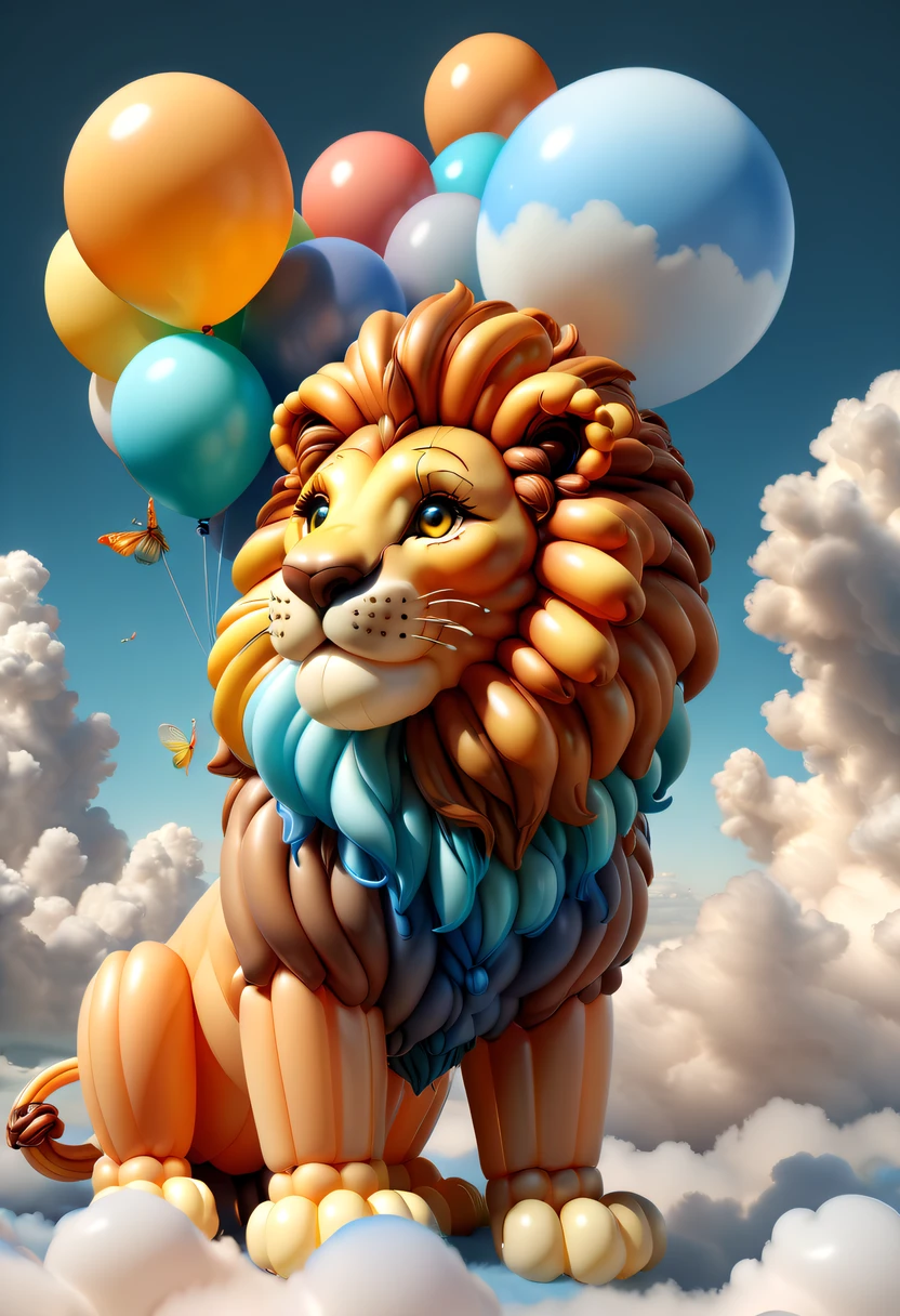 Cute lion shaped balloon，In the clouds,beautiful sky,Surreal,Epic dreams,a fairy world,lamplight,high high quality,a 3D render,ultra - detailed,realistically,Vibrant colors,