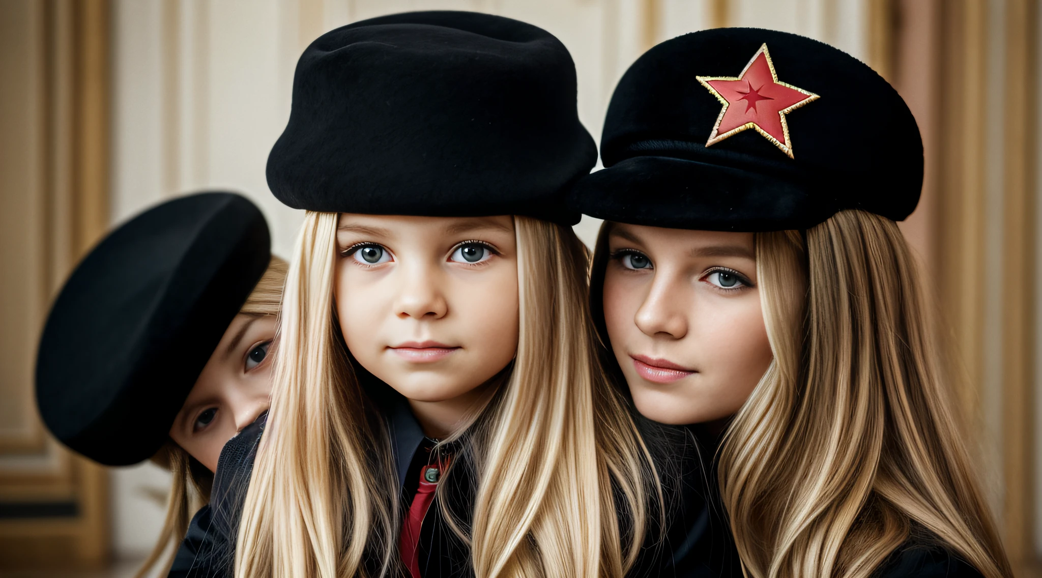 a close-up of a blonde child with long hair and a black hat with a star, URSS, boina preta com uma estrela vermelha, Russo, Russia, kalap, eslavo, boina preta, 1972 soviético, CCCP, plush