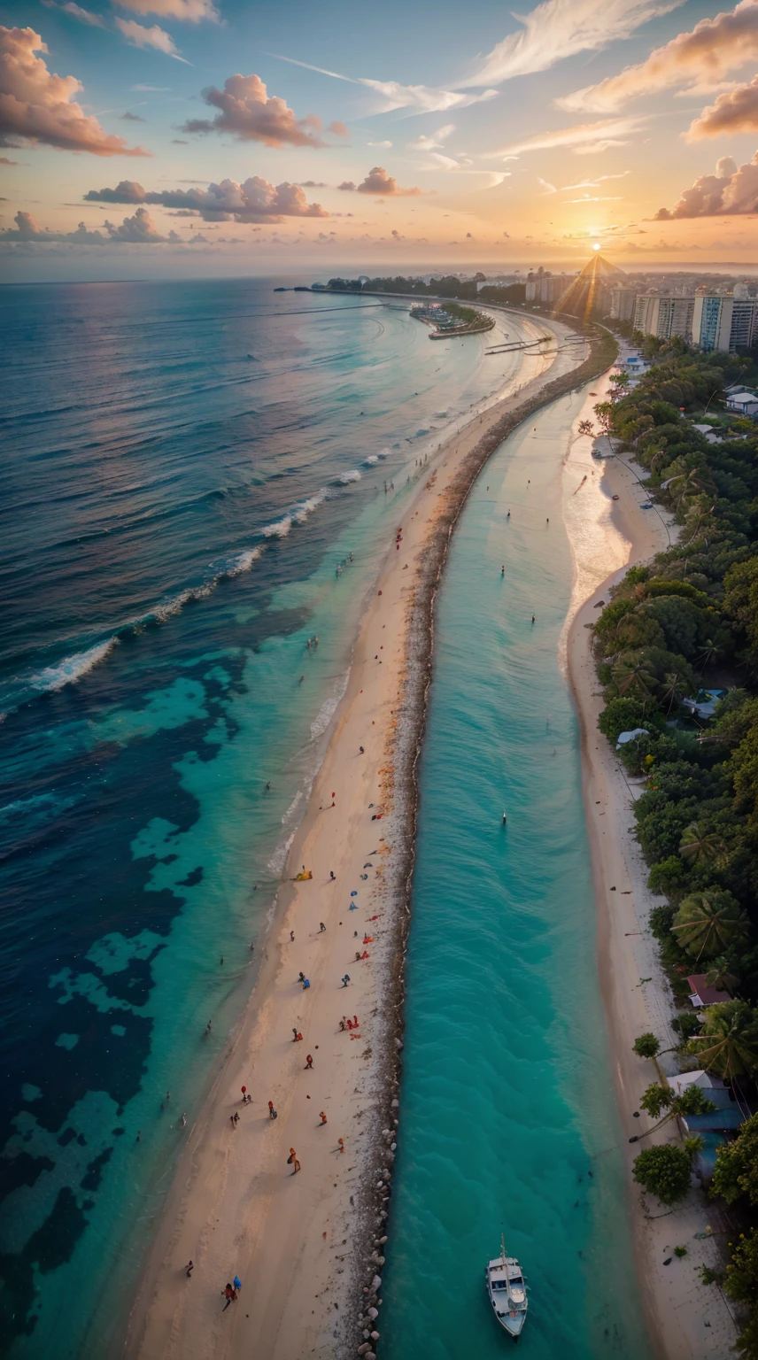 8K, Best quality, hyper-detailing, Indonesia, beautiful tropical beach, crystal clear turquoise water, White beach, palm trees swaying in the breeze, A vibrant coral reef, Colorful tropical fish, amazing sunset.