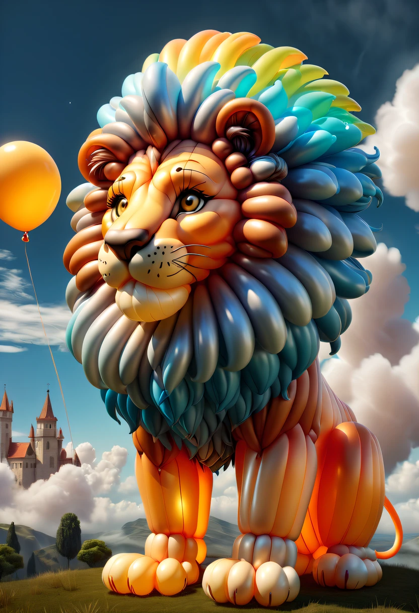 Cute lion shaped balloon,In the clouds,beautiful sky,Surreal,Epic dreams,a fairy world,lamplight,high high quality,a 3D render,ultra - detailed,realistically,Vibrant colors,