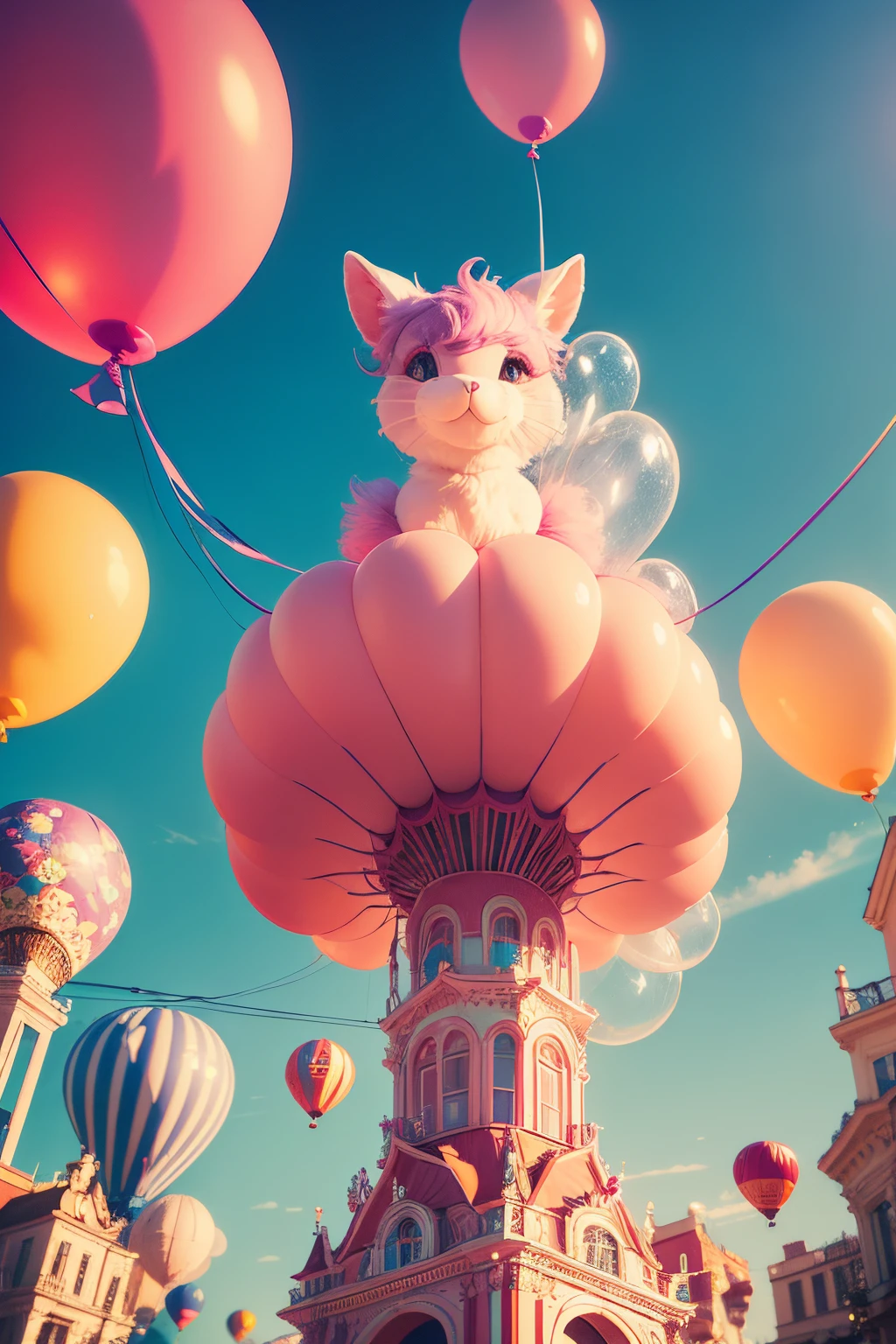 best quality,ultra-detailed,balloon animals,pop art,colorful,playful,elegant,surreal,whimsical,creative,floating balloons,delicate wire structures,soft pastel colors,sparkling lights,magic,imaginative,sunny day,vibrant,impressive craftsmanship,joyful celebration,entertainment,fantasy world