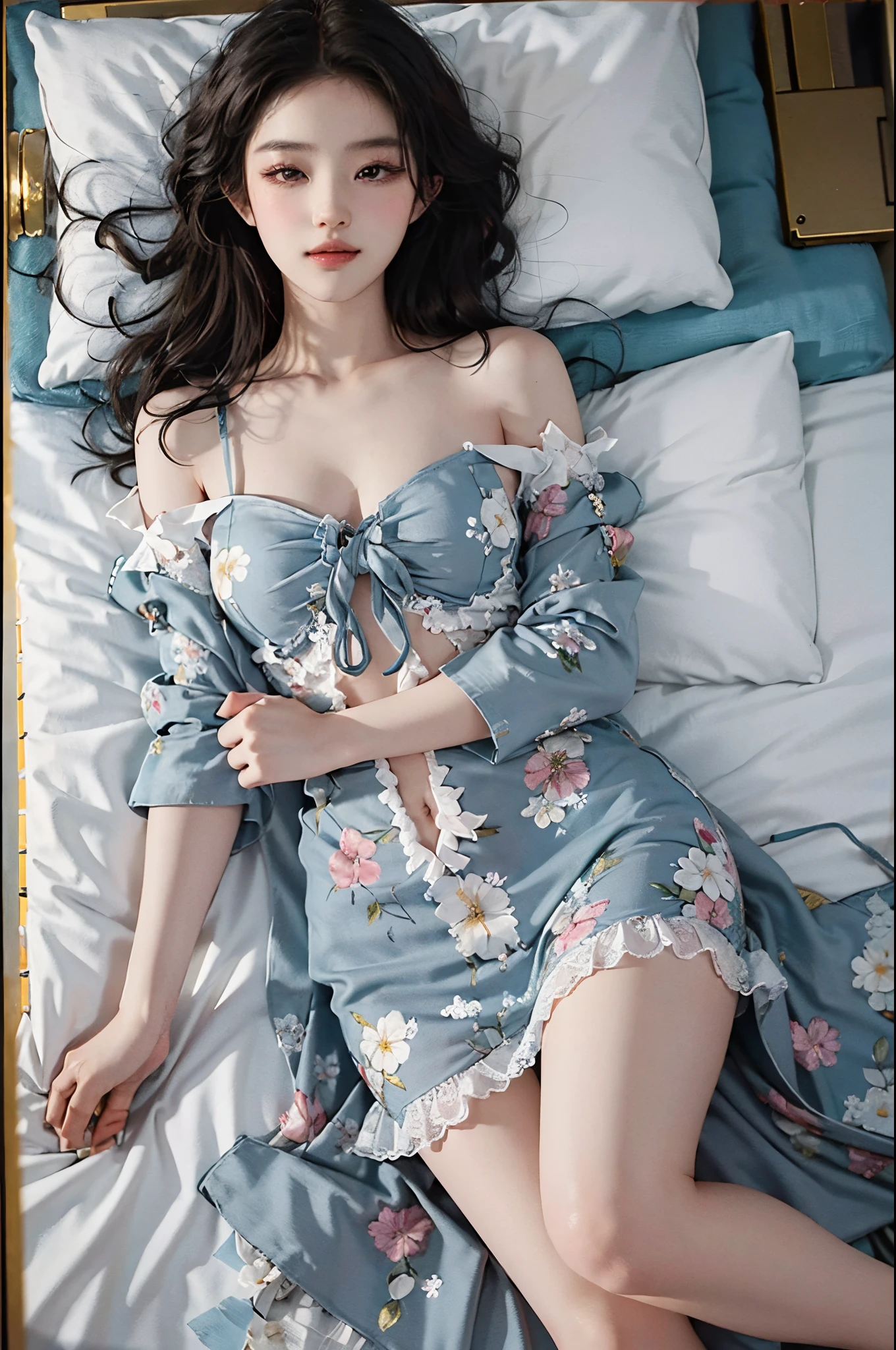 dress,fashi-girl, liuyifei, ((cowboy shot)), (best quality, masterpiece:1.2), ultra-detailed, (realistic:1.37), beautiful, youthful, glamorous model with (detailed eyes, detailed lips, extremely detailed eyes), Lie in bed, in a knee shot, with white and floral colors, showcasing a radiant smile, slender figure, long legs, creating a breathtaking depiction of a girl enjoying the sleep