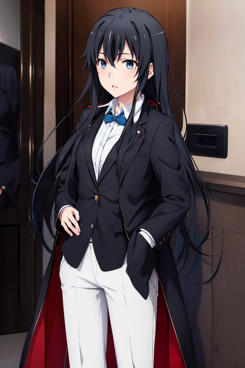 Yukino Shita Yukino wears a formal suit with a long coat and white pants