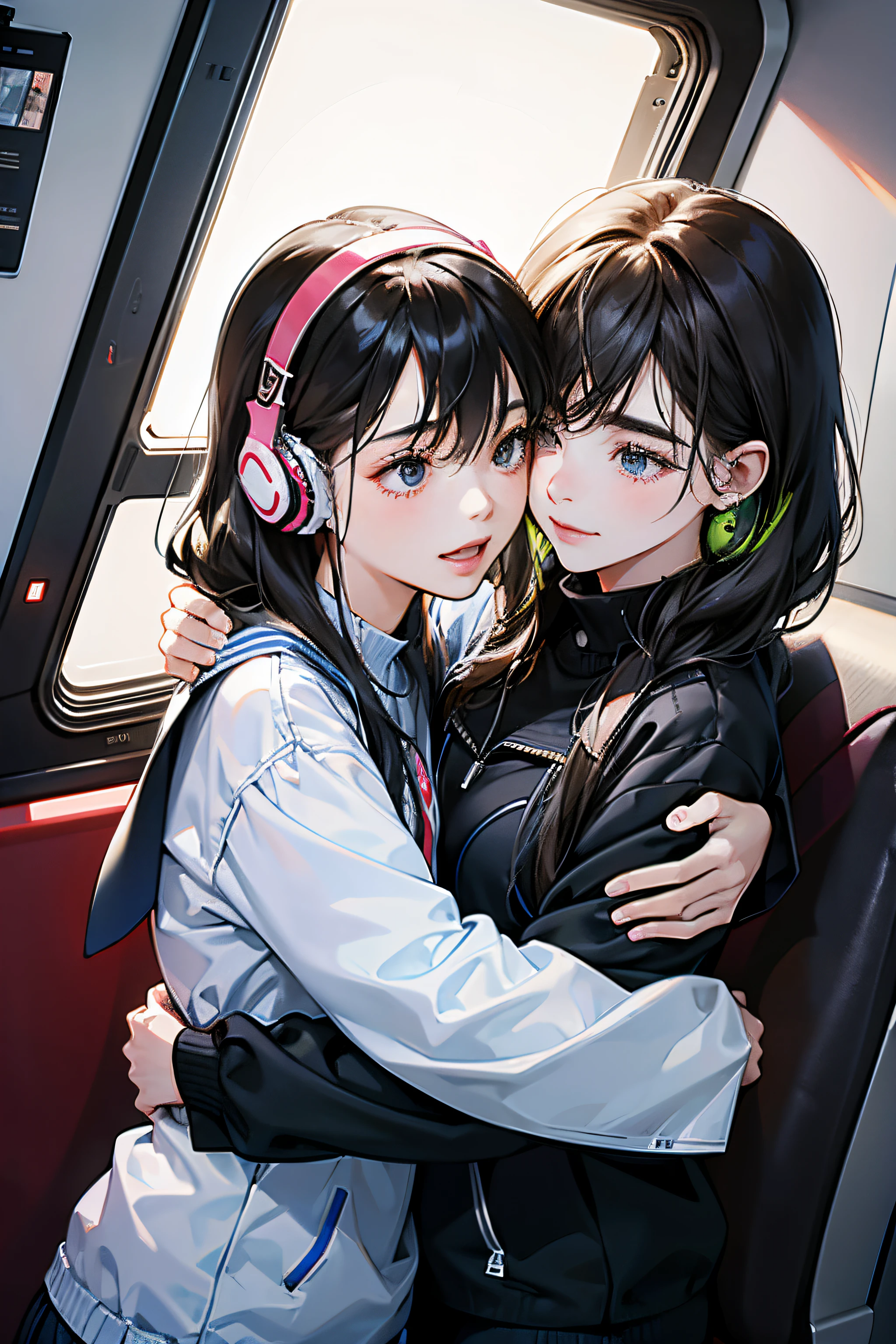 ２Both women and children are listening to music on the desk with an intelligent hand on the desk.，At the same time he was here，image of mutual support.,their&#39;All lovely,close lover,Anatomically correct,precise fingers,student clothes,in the train,Korean production,Best quality,