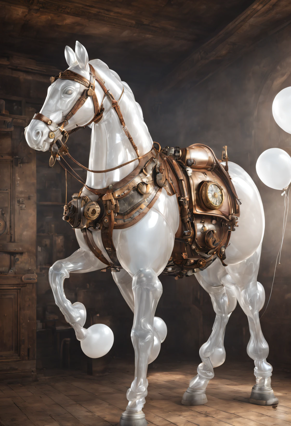 (balloon art design),(Steampunk horse made from white half balloon), (horse body made of translucent white balloons:1.1),Steampunk Reins,a 3D render, Anatomically correct horses, a 3D render, An organic combination of animation machines and balloons, , ,Holographic Steampunk Ancient Battlefield