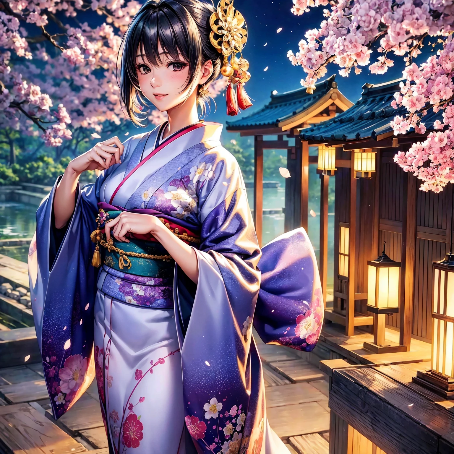(top-quality、​masterpiece、very high res、Ultra high resolution/high image quality detail 1.5)、One woman with perfect and ultimate beauty(18 years old 1.5)、Realistic portraits、Beautiful breasts with a slender body shape(F Cup 1.5)、Beautiful body、美丽的面容、Beautiful hair、Realistic textured skin and、Wearing a beautiful Japanese kimono、Kimono comes with colors and patterns、Bright smile、Hair flutters under the influence of the wind、Japanese garden with beautiful cherry blossoms at night、Mysterious night sky、Beautiful Landscapes、(accurate detail、the detailed images、Accurate images、Perfect Image 1.5)、、beautiful anime woman, Beautiful Art Style, an animated character、The whole picture、Detailed picture、accurate anatomy、Defect-free images、natural soft light、beautiful image、extremely detailed picture、(Best Shot 1.2)