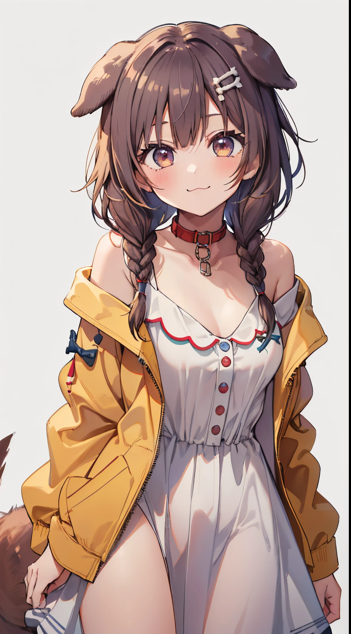 1girl in, Solo, (White background:1.4), Simple background, Standing, Cowboy Shot, corone default, Yellow jacket, White Dress, off shoulders, animal collar, low twin braids, Bone hair ornament, Dog tail, :\3、A smile、(Open your mouth)、(((a closeup)))、