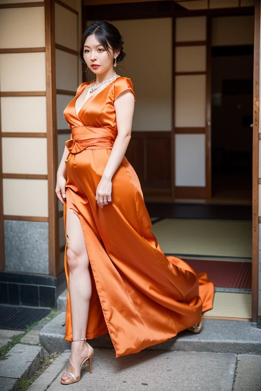 (((1 85-year-old Japanese woman))), ((Sagging under the eyes)),(((nasolabial folds))),独奏,masutepiece, Best Quality, Photorealsitic, super detailed skin, Sharpen, Perfect Anatomy,Temples in Kyoto,Anatomy,独奏,Longhaire,((old body)), Sagging udder) (thick waist),(flabby body)(,Plump body),bunk butt,Serious look,Mature AV Actress, glamor, A sexy,(((Fair skin with many wrinkles))),small diamond necklace,(((Orange Satin Dress))),long skirt,(Red high heels),Staring at this,