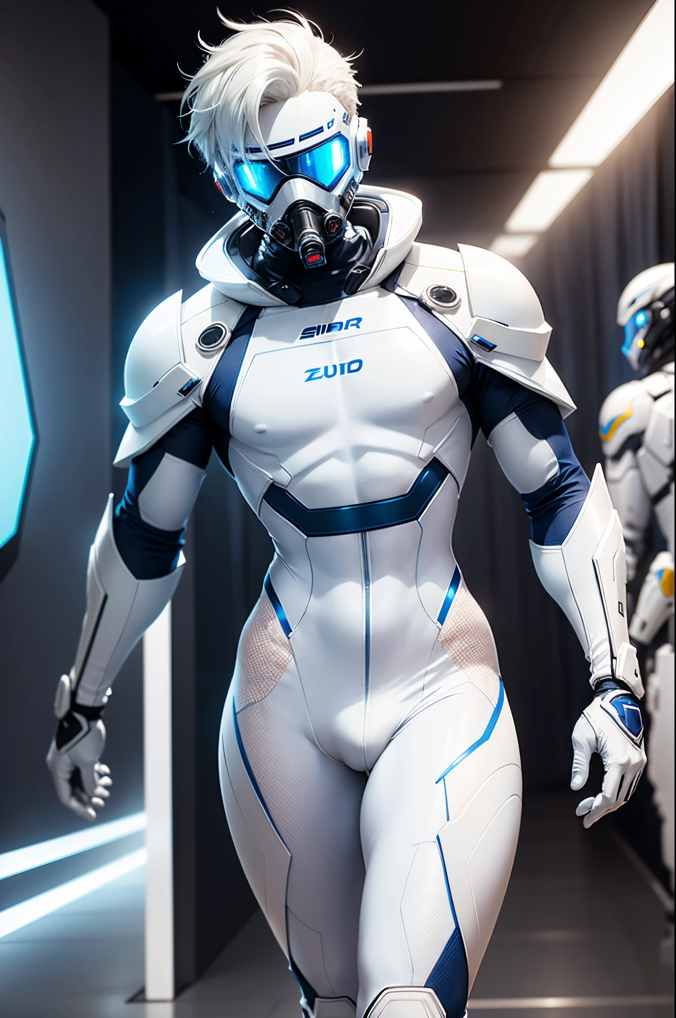 body suit, white and blue suit, futuristic suit, white gauntlets, white gloves, white hands, skin tight bodysuit, toned male, teenager, young male, futuristic gas mask and vizor, bodysuit, futuristic, sci fi, toned male, hands seen, hair visible, blonde hair, solo male, full body seen, white hair, gesturing