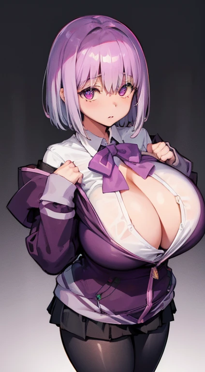 (Masterpiece:1.2, Best quality:1.2, Beautiful, High quality, A high resolution:1.1, Aesthetic), Detailed, Extremely detailed, ambient soft lighting, 4K,akaneshinjou, shinjou akane, light purple hair, (pink eyes:1.2), short hair,
BREAK black pantyhose, bow, collared shirt, hood, hooded jacket, jacket, open clothes, open jacket, open shirt, pantyhose, purple bow, purple jacket, school uniform, micro mini shirt, sleeves past wrists, unbuttoned shirt, white shirt,croptop,((Big breasts:1.4)), ((gigantic cleavage breasts:1.5)),wet,thick thight,upper legs,Wide buttock,BREAK indoors, city,perfect face, perfect body
BREAK looking at viewer, BREAK (masterpiece:1.2), best quality, high resolution, unity 8k wallpaper, (illustration:0.8), (beautiful detailed eyes:1.6), extremely detailed face, perfect lighting, extremely detailed CG, (perfect hands, perfect anatomy),