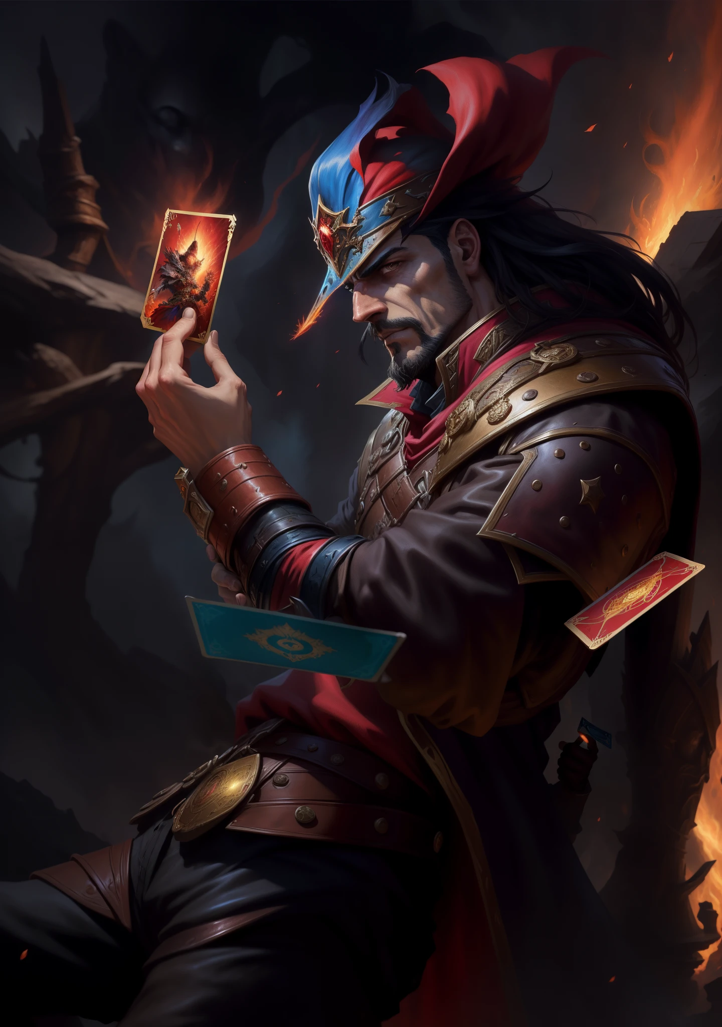 Arafad image of a man holding a red card, Fantasy card game art, Card game illustration, epic fantasy card game art, author:Hero, collectible card art, card art, magister, Graphic artist Magalivilleneuve, Gilliam. pongiluppi, wlop and artgerm, magic the gathering style
