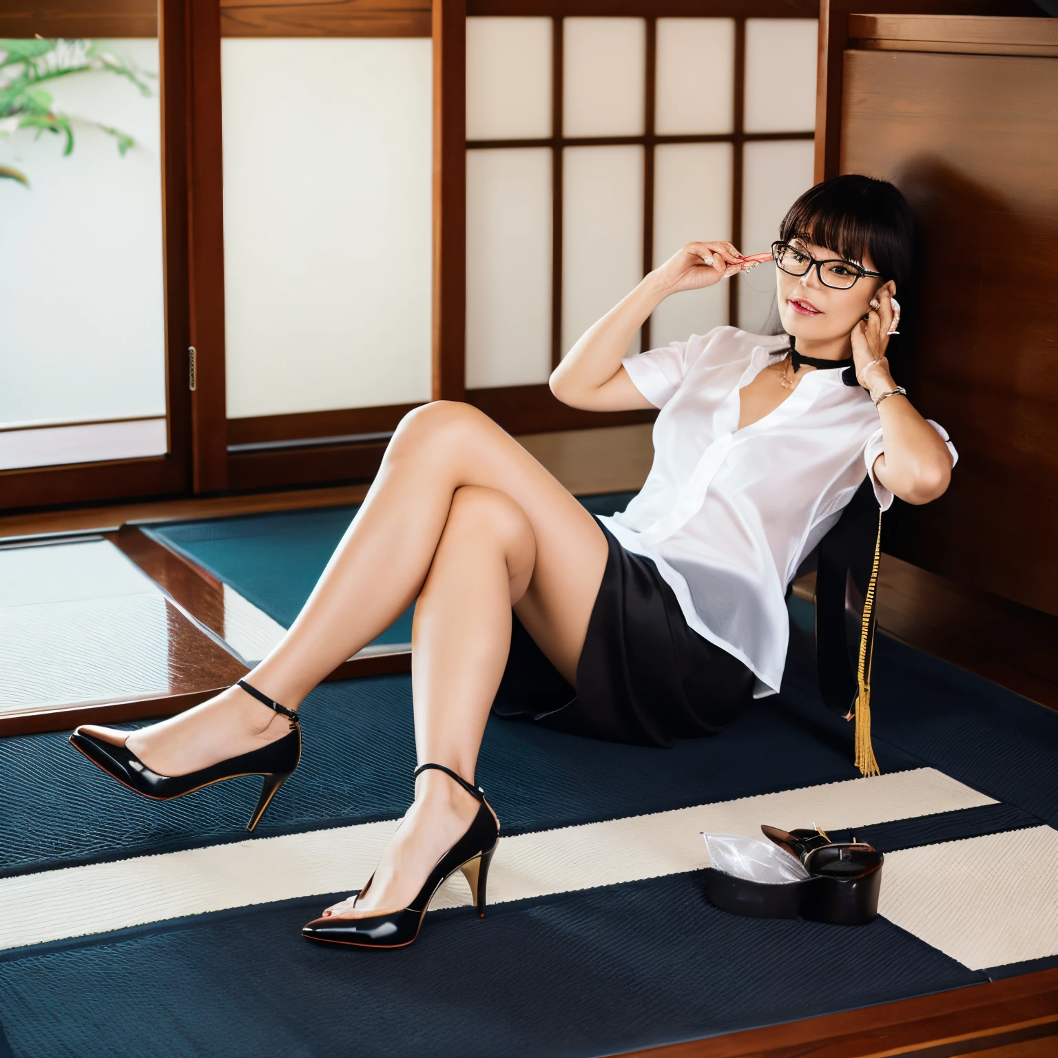 Japan Female, 50 years old, eye glasses、Head to Tow, Black Pointed Toe 7cm High Heel, Sitting like a whiplash, Shirt Hula Silk Skirt, Conservative silk white shirt, Black Choker, Makeup well, Confused, in pain, Eyes open, See-through Black Gorbes,