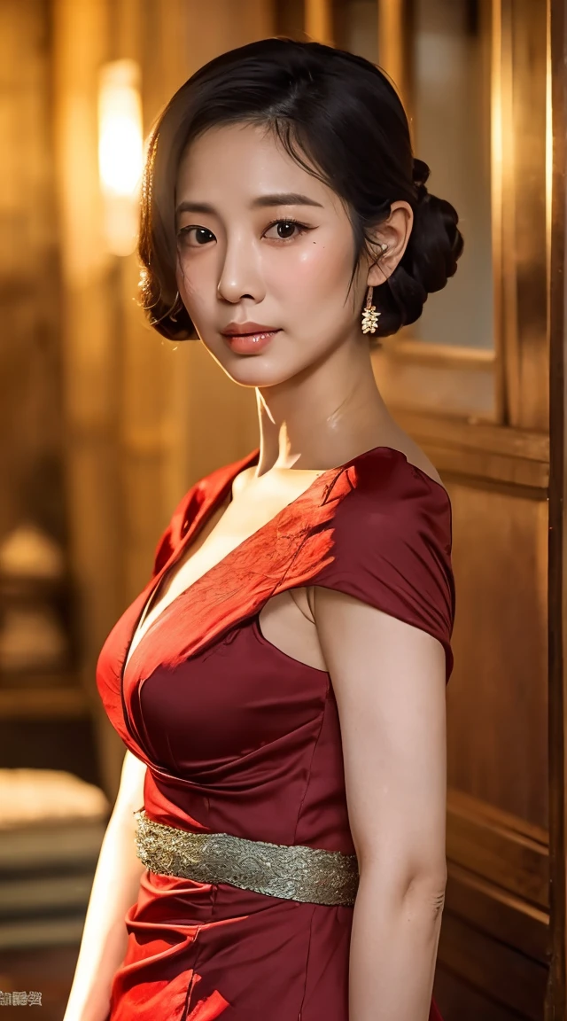 (((1 85-year-old Japanese woman))), ((Sagging under the eyes)),(((nasolabial folds))),独奏,masutepiece, Best Quality, Photorealsitic, super detailed skin, Sharpen, Perfect Anatomy,Temples in Kyoto,Anatomy,独奏,Longhaire,((old body)), Sagging udder) (thick waist),(flabby body)(,Plump body),bunk butt,Serious look,Mature AV Actress, glamor, A sexy,(((Fair skin with many wrinkles))),small diamond necklace,(((Red Satin Dress))),long skirt,(Red high heels),Staring at this,