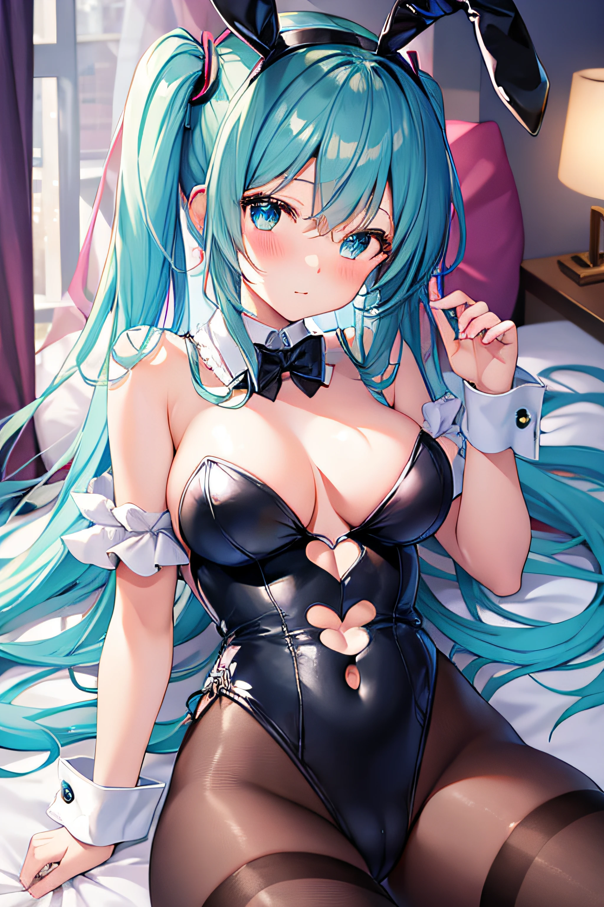 ​masterpiece、Top image quality、超A high resolution、miku hatsune、blue hairs、Twin-tailed、Blushing、Cute and shy、Bunny Girl Costume、Wearing a rabbit ear headgear、firm breasts、well-shaped breasts、spread your legs wide、M-shaped spread legs、Women's Tights、Lying face down in bed、Bedroom、Night