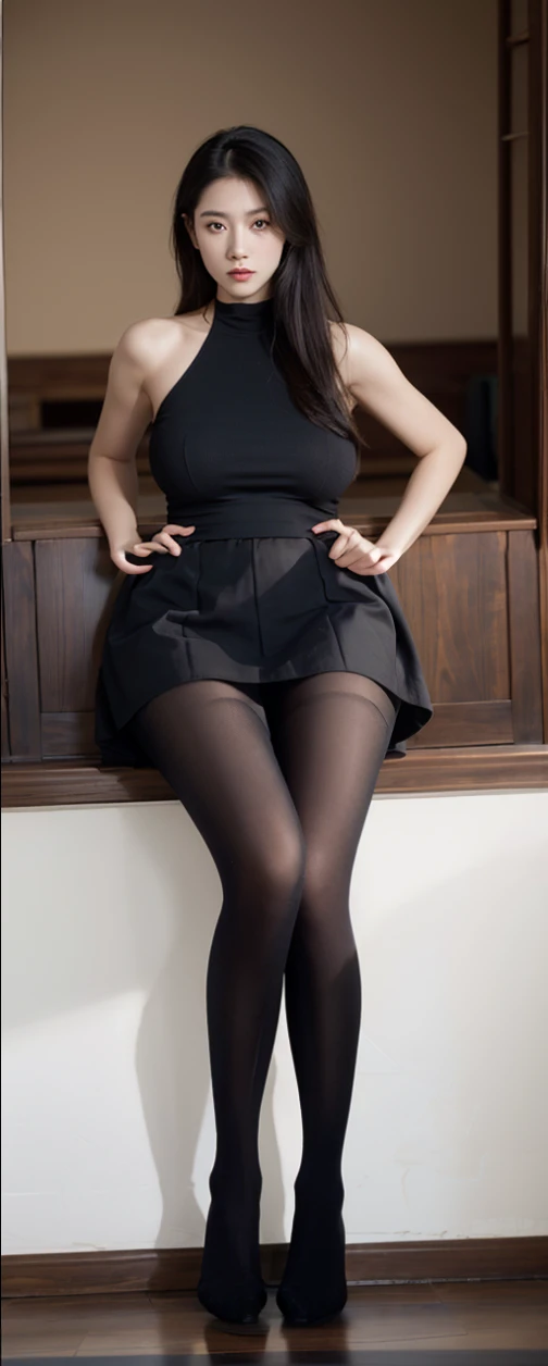 Pure Japanese young girl, outstanding body, beautiful legs, wearing dark gothic style suits, (pantyhose), high heels, vivid makeup, arranged black hair styles, lift up skirt, spread wide legs, sweet smile, professional portrait photography, sitting in antique gothic style interior, 