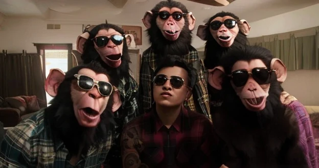 sharp group of monkeys wearing sunglasses and standing in a living room, Macacos, Executando um videoclipe, & todos parecem apavorados, still from a music video, identical picture, videoclipe, cara como macaco, wearing shades, Parque JC, Ridiculous, Directed by: Ke Jiusi, inspirado em Zhu Da, funny sunglasses, cool looking, Directed by: Dan Luvisi