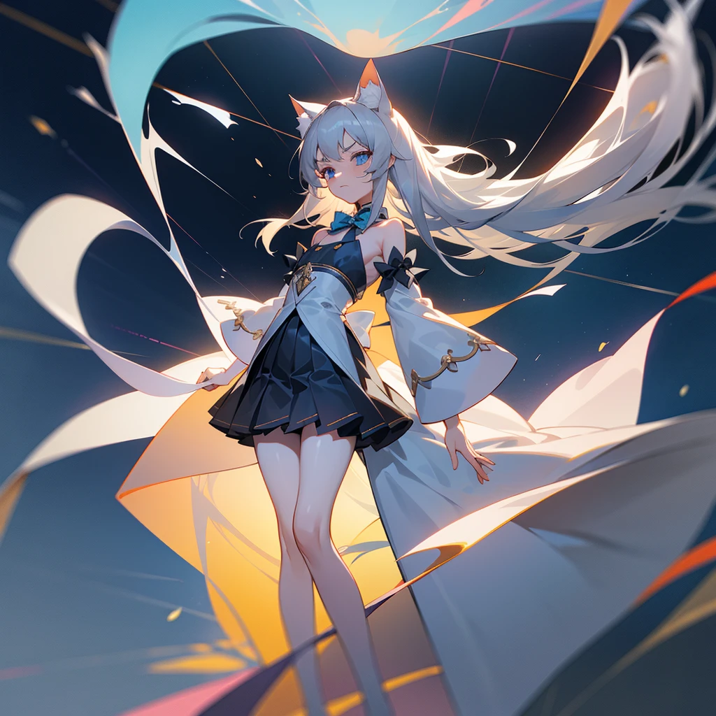 masterpiece,top-quality,ultra-detailliert,Prayer Pose,chies,独奏,dynamic ungle,big top sleeves,Smaller chest,bare shoulders,bowtie,Hair between the eyebrows,pleatedskirt,light leaks,de pele branca,illustratio,Bangs,Blue eyes,hair over shoulder,Very long hair, shinny hair,(Long gray hair:1.2),beautiful a girl,(long legged,Perfect leg shape),(Transparent clothing Transparent 1.8),perfect body type,big and thin legs,sad Facial expression