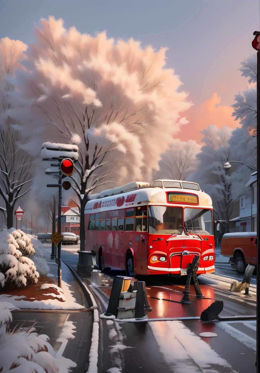 painting of a red bus with a white roof and a white roof, inspirado em Jacek Yerka, Andrey Gordeev, Directed by: Yi Inmun, Directed by: Fred Ludekens, Ricardo Scarry, Directed by: François Bocion, Directed by: Grzegorz Rutkowski, Alexey Egorov, rob mcnaughton
