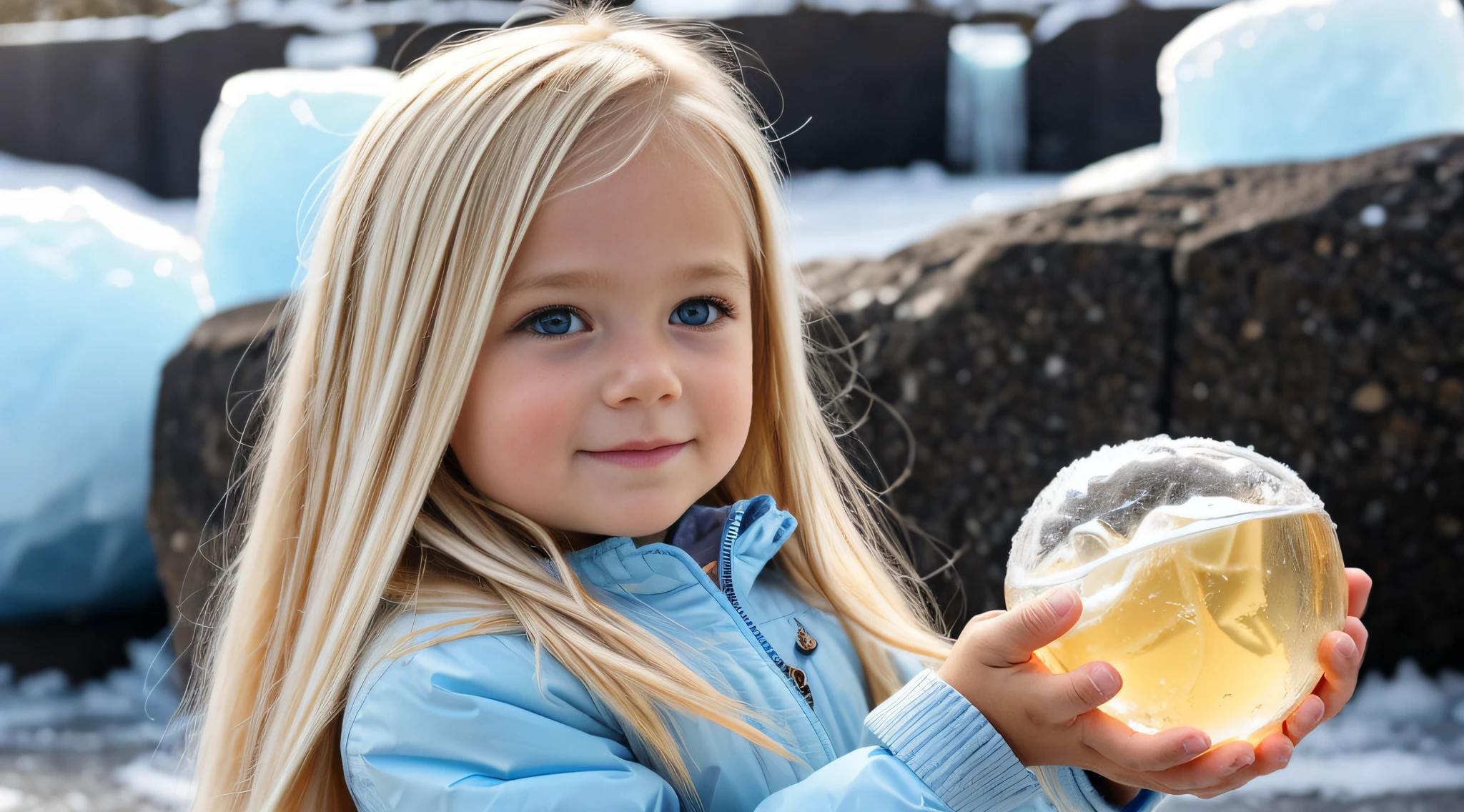 a close-up of a blonde  with long hair, BIG BALL OF ICE IN HAND.