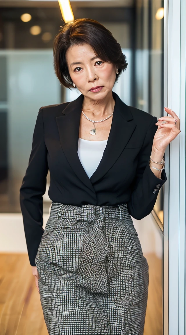 (((1 Japanese 65-year-old woman))), ((Sagging under the eyes)),(((nasolabial folds))),独奏,masutepiece, Best Quality, Photorealsitic, super detailed skin, Sharpen, Perfect Anatomy,Temples in Kyoto,Anatomy,独奏,Longhaire,((old body)), Sagging udder) (thick waist),(flabby body)(,Plump body),bunk butt,Serious look,Mature AV Actress, glamor, A sexy,(((Fair skin with many wrinkles))),small diamond necklace,(((black office lady suit))),skirt by the,(Black high heels),Staring at this,