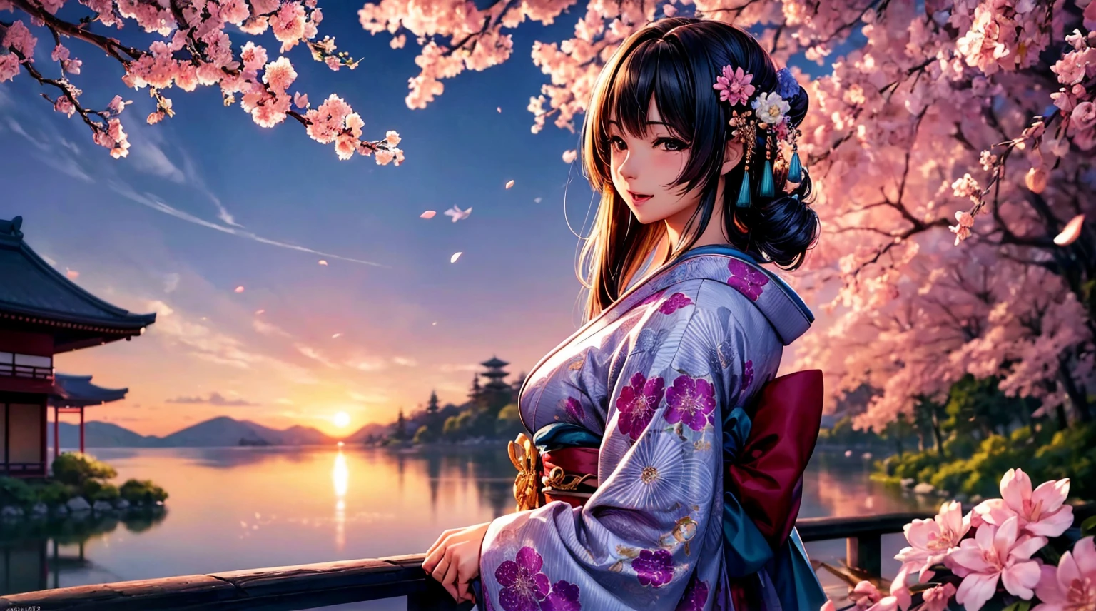 (top-quality、​masterpiece、very high res、Ultra high resolution/high image quality detail 1.5)、One woman with perfect and ultimate beauty(18 years old 1.5)、Realistic portraits、Beautiful breasts with a slender body shape(F Cup 1.5)、Beautiful body、美丽的面容、Beautiful hair、Realistic textured skin and、Wearing a beautiful Japanese kimono、Kimono comes with colors and patterns、A bright smile and an open mouth、Hair flutters under the influence of the wind、Japanese garden with beautiful cherry blossoms at night、Mysterious night sky、Beautiful Landscapes、(accurate detail、the detailed images、Accurate images、Perfect Image 1.5)、、beautiful anime woman, Beautiful Art Style, an animated character、The whole picture、Detailed picture、accurate anatomy、Defect-free images、natural soft light、beautiful image、extremely detailed picture、(Best Shot 1.2)