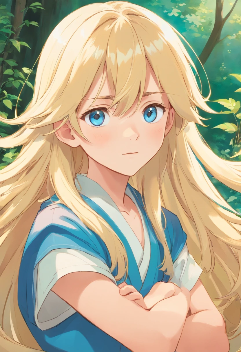 Beautiful blonde boy，quadratic element，japanese manga，White-colored skin，Handsome and handsome，Long blonde hair，blue colored eyes