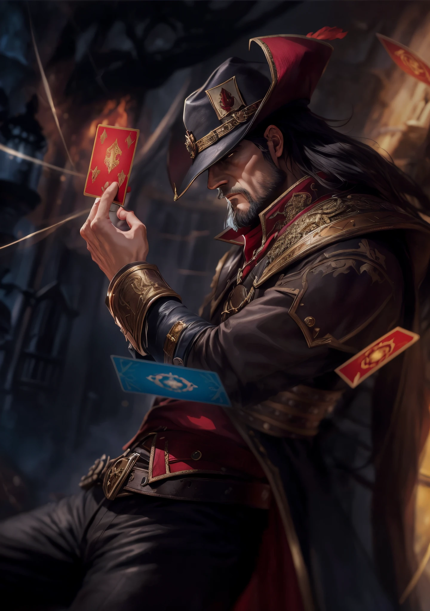 There is a man in a hat holding a red card, Card game illustration, Fantasy card game art, author:Hero, magister, epic fantasy card game art, card art, collectible card art, by Shitao, The wizard shuffles, three shields : magister, Graphic artist Magalivilleneuve, Murata and artgerm series
