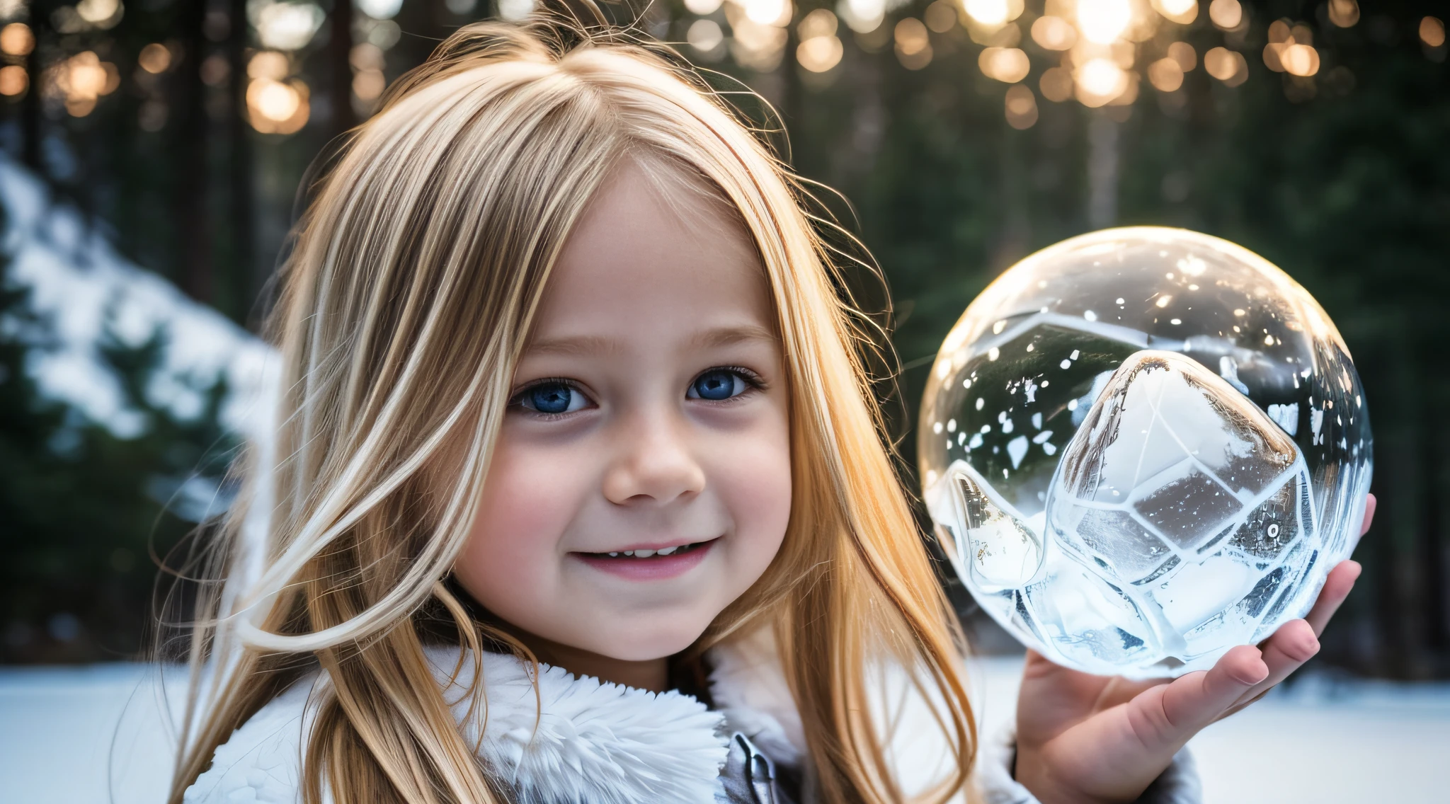 a close-up of a blonde child with long hair, BIG BALL OF ICE IN HAND.