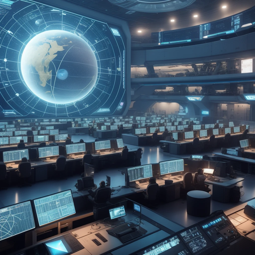 view of a large room with several computers and a large screen, Futuristic Government Chambers, Inside a futuristic military base, Futuristic Science Lab, Futuristic Lab, futuristic production facility, Sci - Крытый Fi, cyber space, depicted as a sci-fi scene, futuristic cyberpunk scenario, Sitting in the control center, In a futuristic laboratory room, in a futuristic arena,Science fiction, photo realism, Planet Medlana, Luxor Solar System, Station for tracking objects in the Solar System and beyond. Workroom of space observation stations, high detail, many workplaces, radar rogues, 3D star screen on the wall, monitors around the walls, equipment, lighting from instruments, in the middle of the room there is a transparent star globe with meridians and parallels, many employees