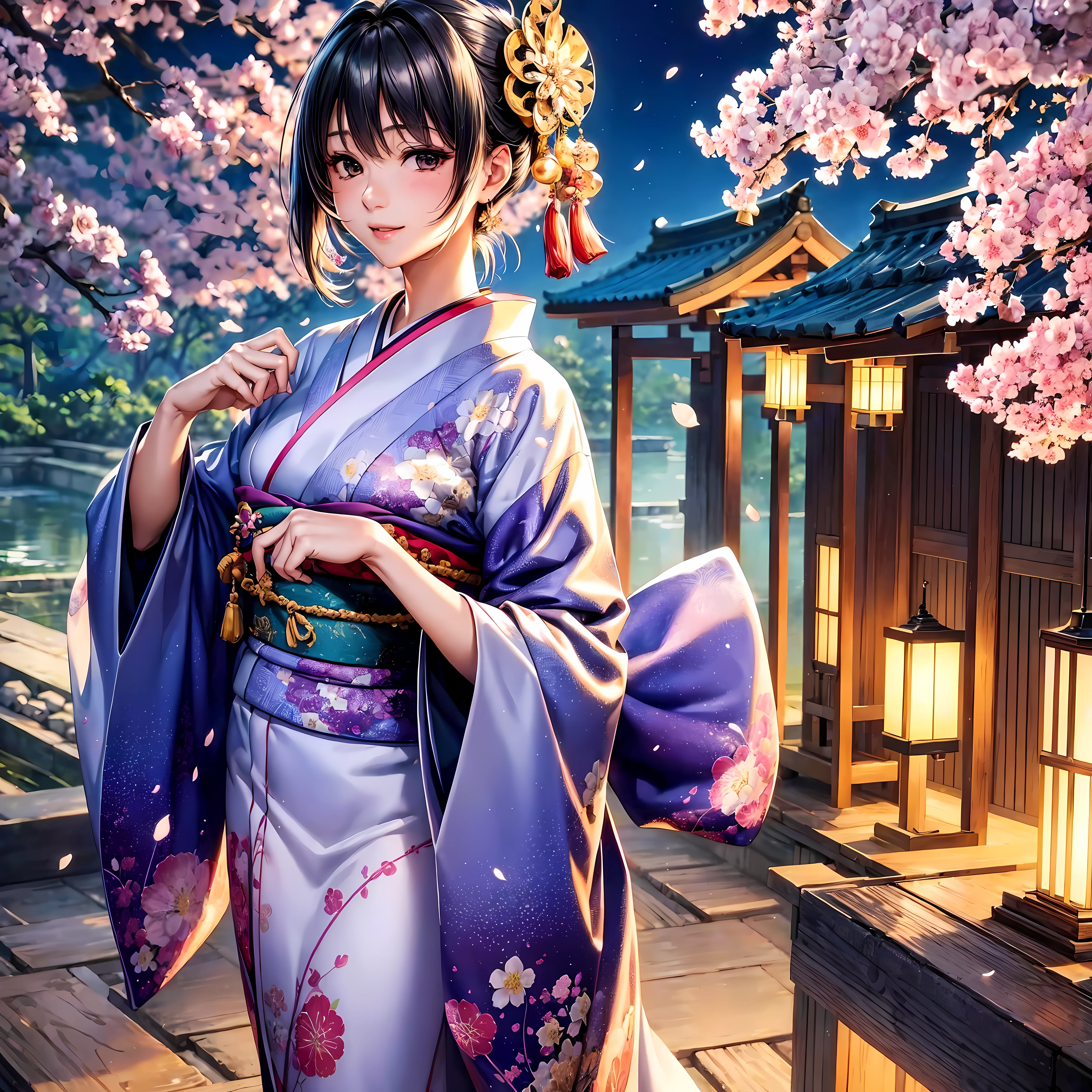 (top-quality、masterpiece、very high res、Ultra High Resolution/High resolution detail 1.5)、A woman of perfect and ultimate beauty(18 years old 1.5)、Realistic portraits、Beautiful breasts with a slender body shape(F Cup 1.5)、Beautiful body、美丽的面容、Beautiful hair、Realistic textured skin and、Wearing a beautiful Japanese kimono、Kimono has colors and patterns.、Bright smile、Hair flutters under the influence of the wind、Japanese garden with beautiful cherry blossoms at night、Mysterious night sky、Beautiful Landscapes、(accurate detail、the detailed images、Accurate images、Perfect Image 1.5)、、beautiful anime woman, Beautiful Art Style, an animated character、The whole picture、Detailed picture、accurate anatomy、Defect-free images、natural soft light、beautiful image、extremely detailed picture、(Best Shot 1.2)