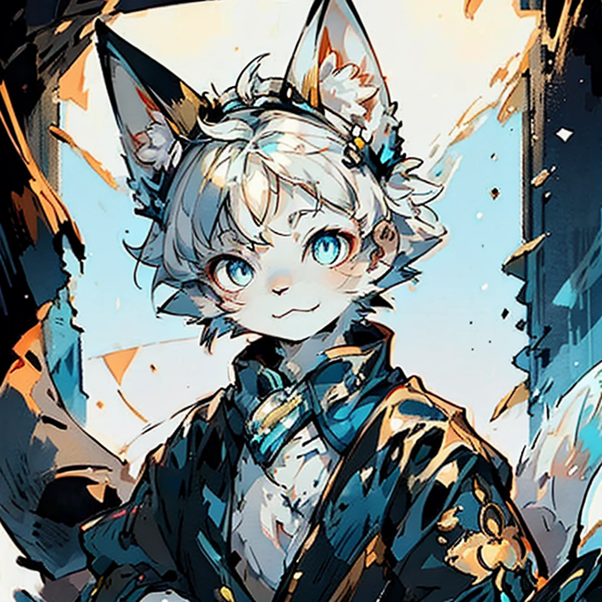 1 boy, White hair,with colorful reflections, blue color eyes, Big and pointed cat ears, A cat's tail, Smilingly,staring at the audience, creative studio background,Dramatic lighting effects,4K分辨率