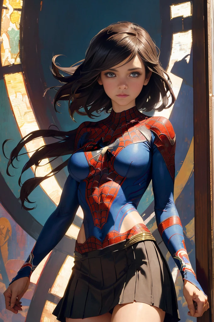 Lyndsy Fonseca、Sticking out the navel、newyork、She wears a torn Spider-Man suit,wearing skirt、abstract photorealistic、artistic、Alphonse Mucha's painting(masterpiece、top-quality、hight resolution:1.4)、detaileds、intricate-detail、4K、color splashes、line-drawing、Fibonacci、
