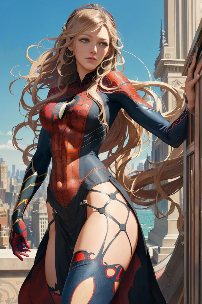 Blake Lively、Sticking out the navel、newyork、She wears a torn Spider-Man suit,wearing skirt、abstract photorealistic、artistic、Alphonse Mucha's painting(​masterpiece、top-quality、hight resolution:1.4)、detaileds、intricate-detail、4K、color splashes、line-drawing、Fibonacci、